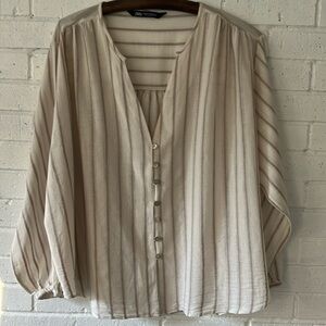 Zara Blouse Top XXL Button Tan Beige Stripe Cotton Linen Blend Breathable Boho